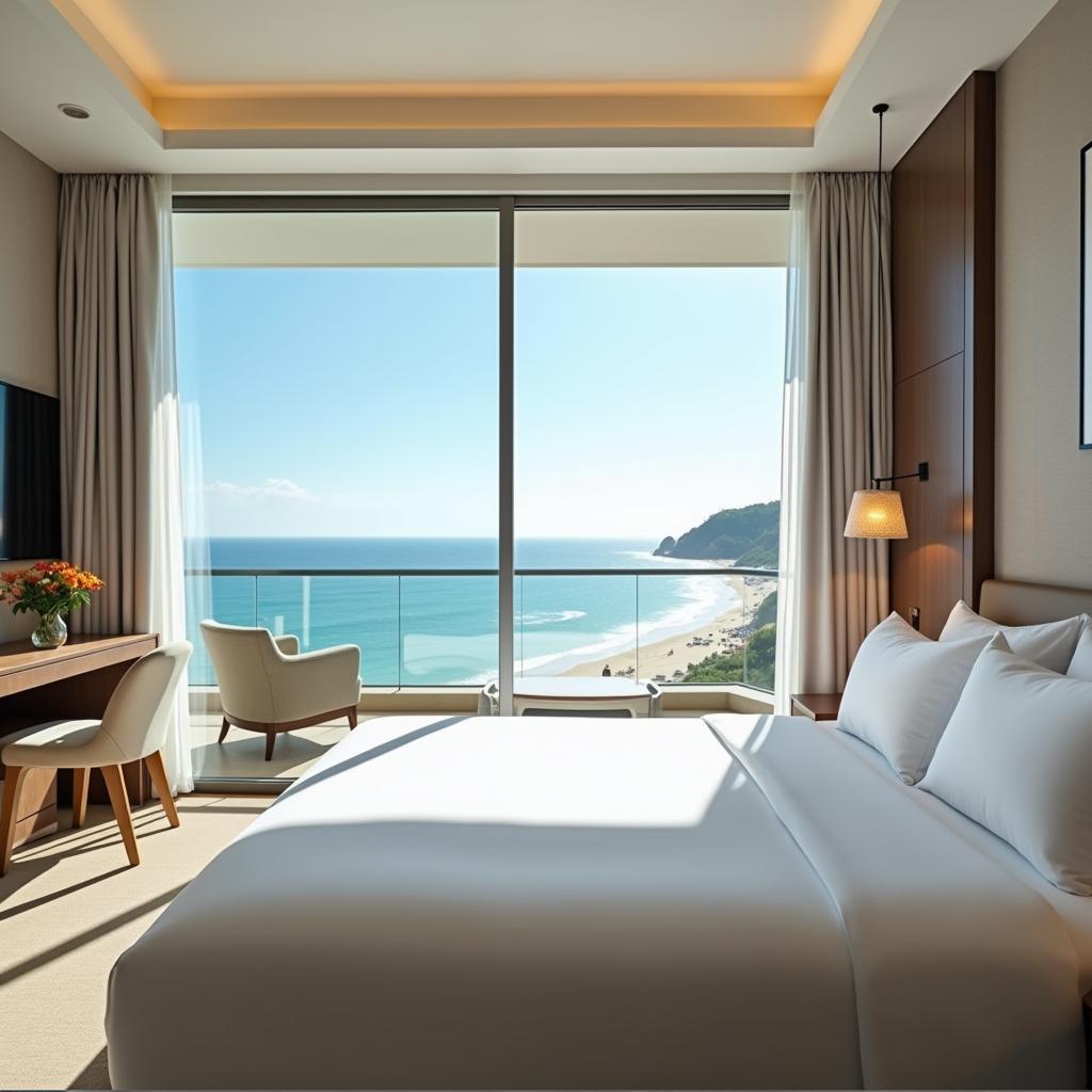 Không gian phòng nghỉ sang trọng tại Sekong Hotel Danang Beach với ban công và tầm nhìn hướng biển Mỹ Khê tuyệt đẹp.