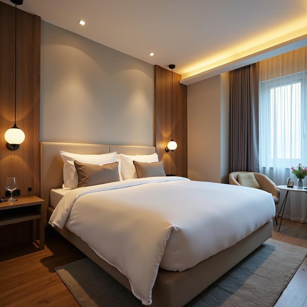 Nội thất phòng ngủ sang trọng và ấm cúng tại Tuna Boutique Hotel ở Tuy Hòa, Phú Yên, với giường ngủ thoải mái và trang trí tối giản.