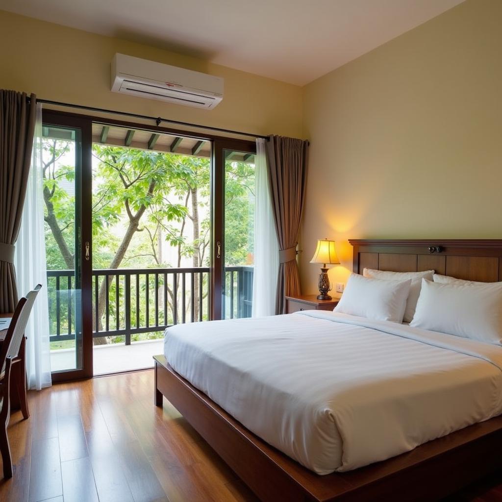 Nội thất phòng ngủ tại Golden Star Villa Huế được bài trí ấm cúng và hiện đại, với giường ngủ thoải mái và ban công nhìn ra khu vườn xanh mát