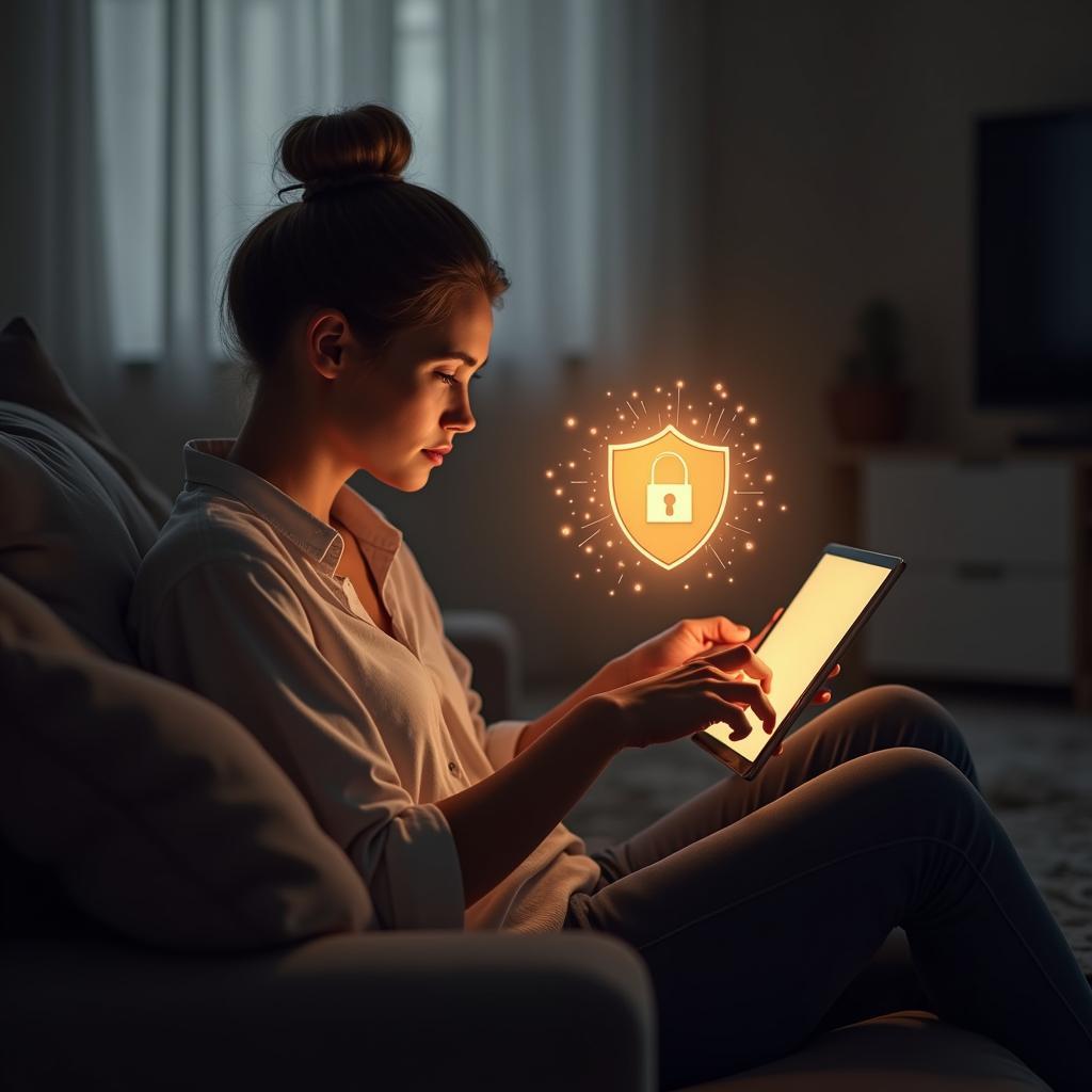 Một người đang sử dụng máy tính bảng để trò chuyện trực tuyến, màn hình hiển thị biểu tượng ổ khóa, nhấn mạnh tầm quan trọng của việc bảo vệ thông tin cá nhân và hạn chế rủi ro khi quen online.