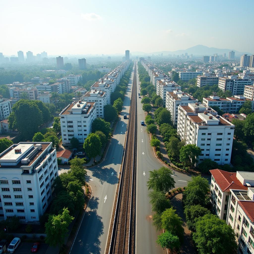 Toàn cảnh Phường Phú Diễn, Bắc Từ Liêm với đường 32 và tuyến tàu điện.