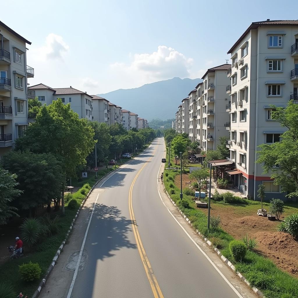 Khung cảnh phát triển tại Phường Âu Lâu, Tỉnh Lào Cai với các công trình xây dựng và đường sá mới.