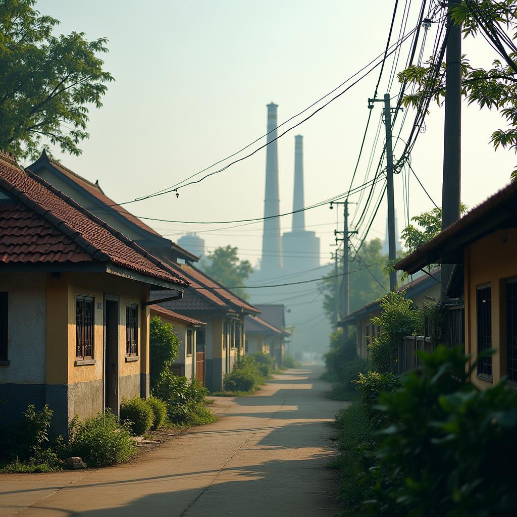 Khung cảnh giao thoa giữa nhà máy công nghiệp hiện đại và nếp nhà truyền thống tại Phường Tích Lương, Thái Nguyên.