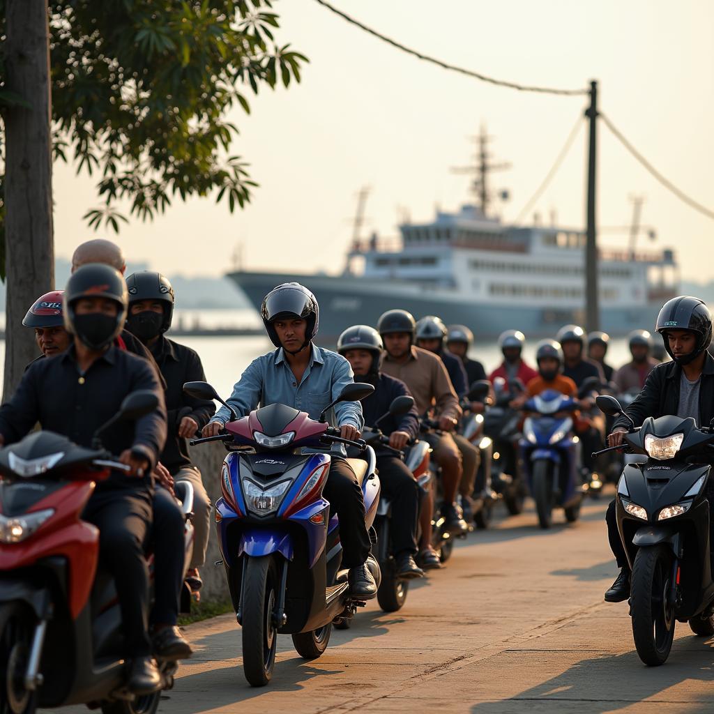 Cảnh xe máy và người dân xếp hàng chờ lên chuyến phà Bình Ninh tại Chợ Gạo, Tiền Giang