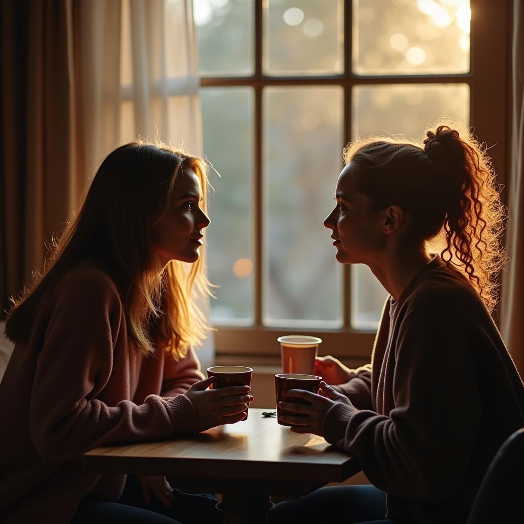 Hai người bạn thân đang ngồi trò chuyện sâu sắc bên cửa sổ, một người lắng nghe chăm chú, thể hiện sự đồng cảm qua podcast tình bạn
