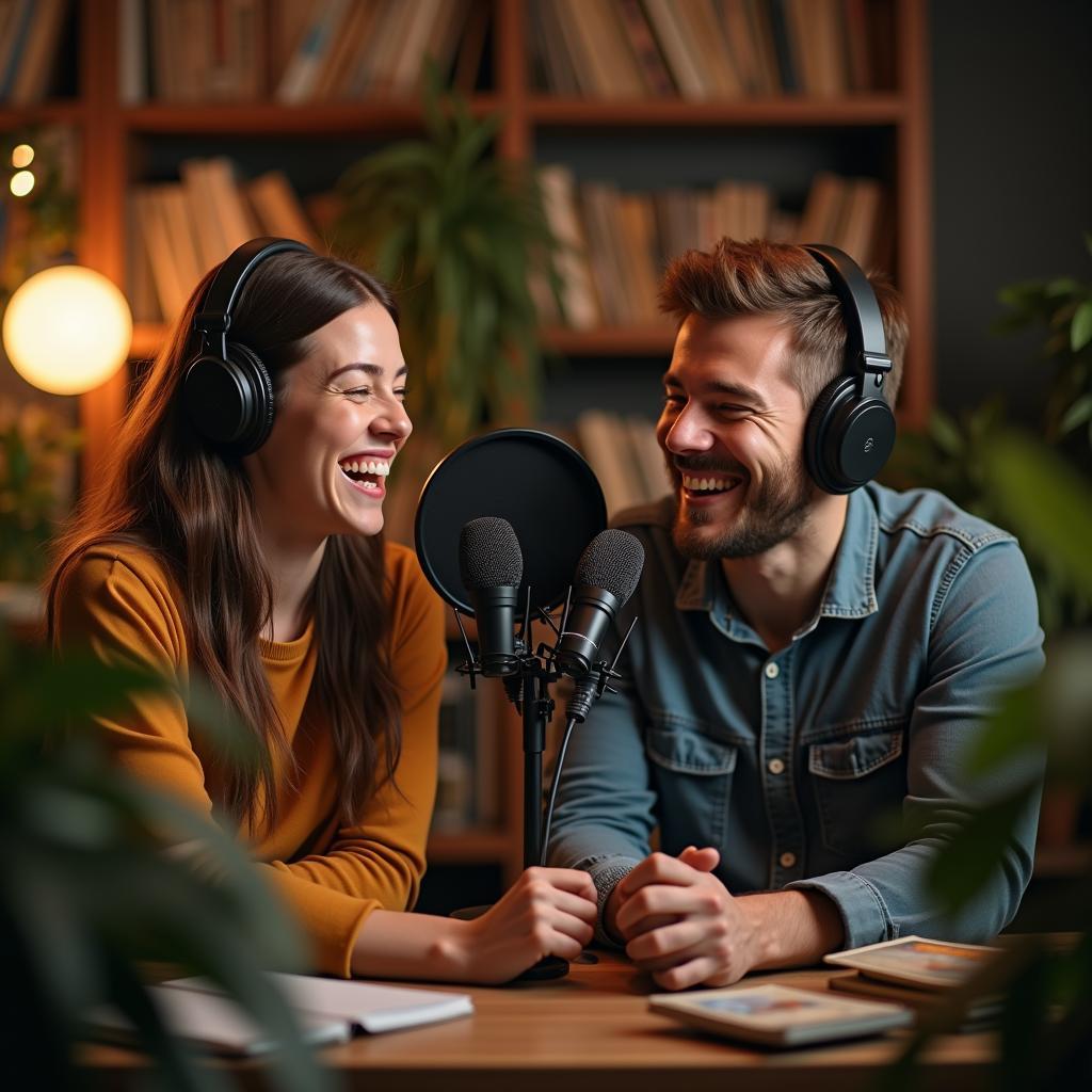 Một buổi thu podcast tình bạn giữa các thế hệ với sự tham gia của Gen Z và Millennials, không gian ấm cúng.
