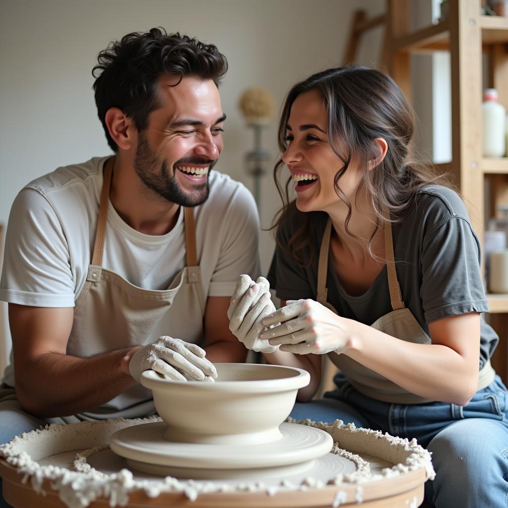 Hai người bạn thân, một nam một nữ, đang cùng nhau vui vẻ tham gia một lớp học làm gốm, tay lấm lem đất sét nhưng nụ cười rạng rỡ