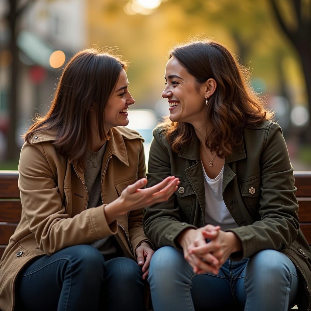 Hình ảnh hai người bạn đang nói chuyện cởi mở, hàn gắn lại mối quan hệ sau xung đột, xây dựng lại lòng tin.