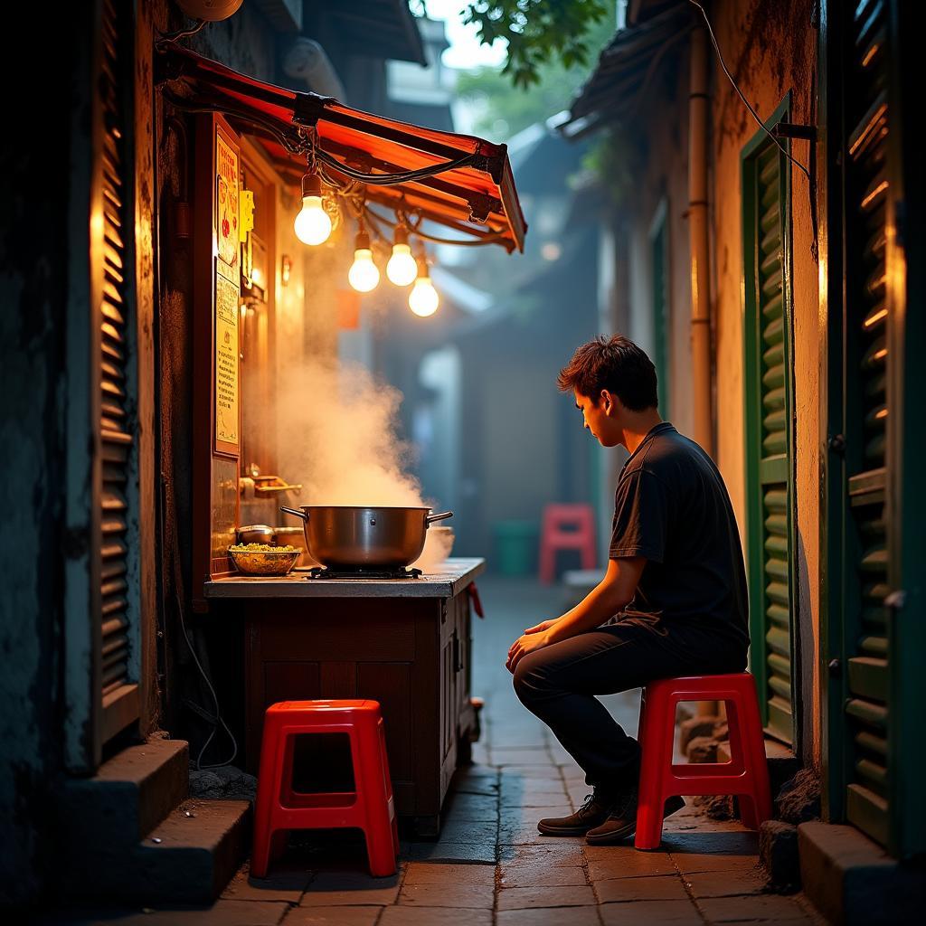 Một quán ăn bình dân với các món như bún riêu, phở bên trong ngõ 192 Kim Giang, phản ánh nét ẩm thực địa phương.