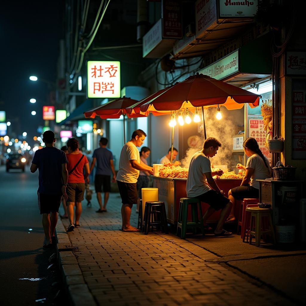 Một quán hủ tiếu gõ vỉa hè tại Phường An Hội Tây vào buổi tối với ánh đèn vàng ấm cúng và vài thực khách đang thưởng thức món ăn
