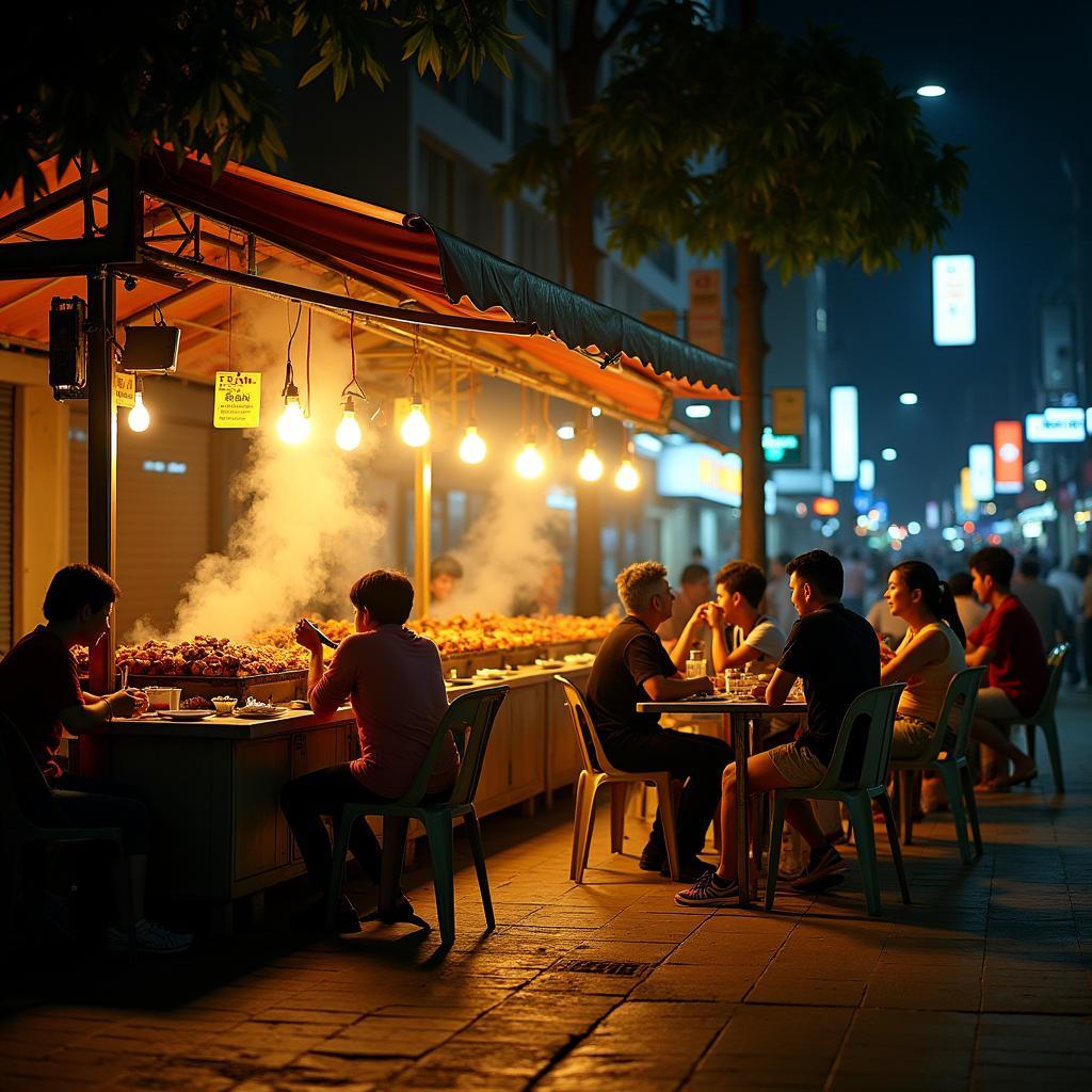 Một quán ăn đêm nổi tiếng tại Phường Bình Thới đang đông nghịt khách, với ánh đèn vàng ấm cúng và khói bốc lên từ các món nướng thơm lừng.
