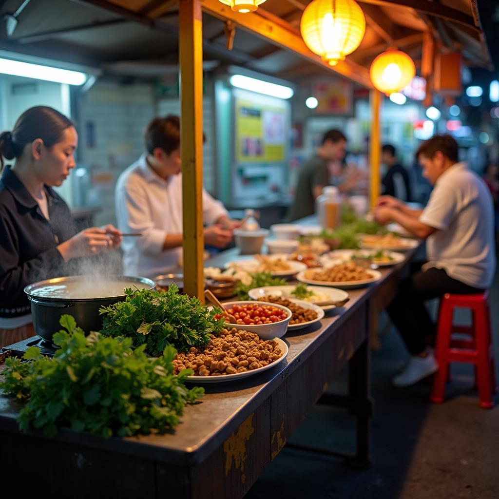 Hình ảnh một quán ăn đường phố đặc trưng tại Phường Đông Hưng Thuận với các món ăn hấp dẫn và không gian gần gũi.