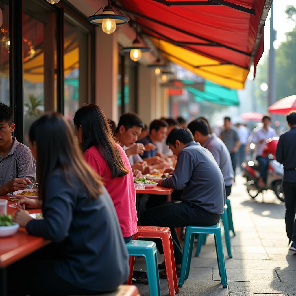 Hình ảnh các quán ăn nhỏ, quán cơm trưa văn phòng nhộn nhịp trên Đường Nguyễn Văn Nguyên quận 1 vào giờ cao điểm.