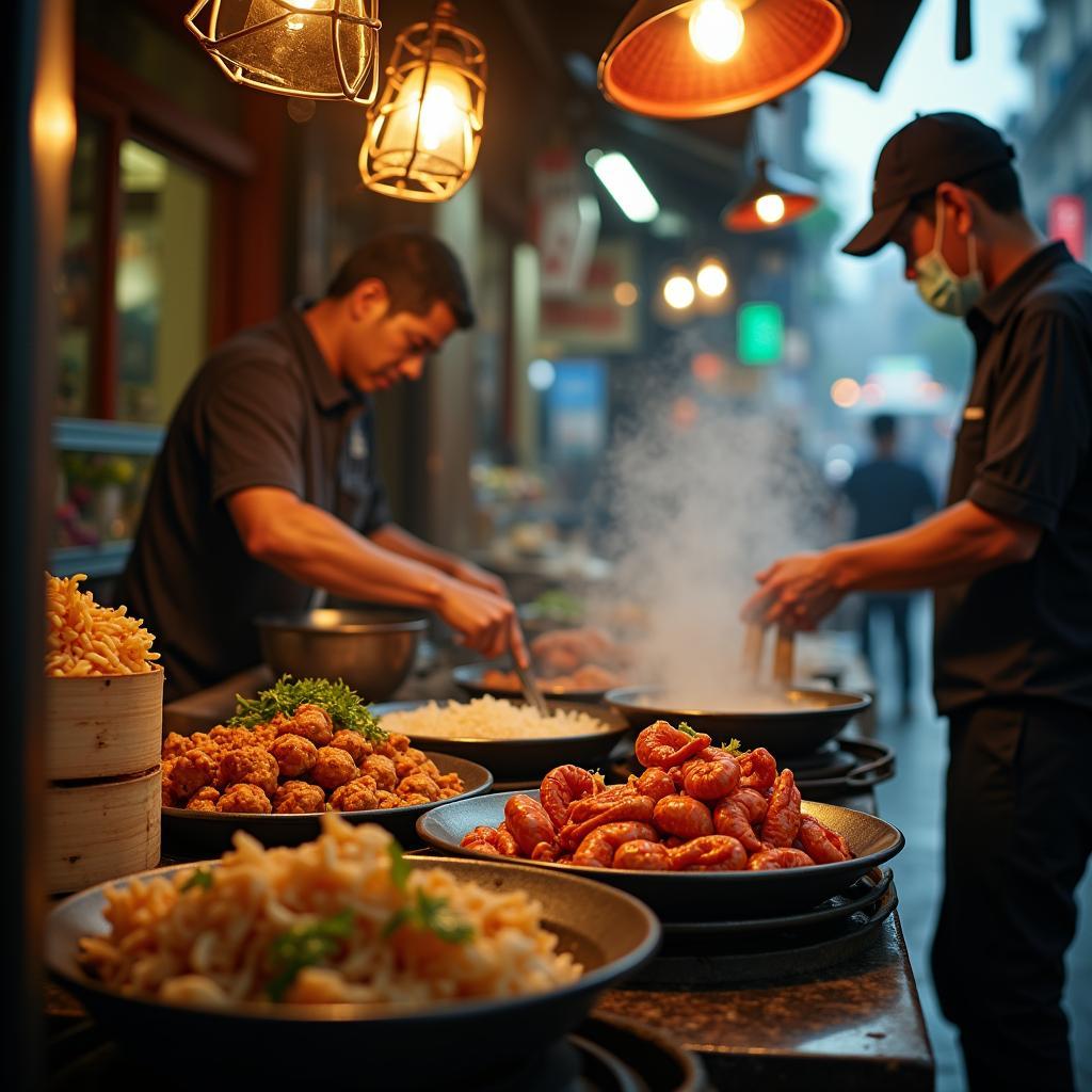 Quán ăn vặt nhỏ bán các món ẩm thực đường phố truyền thống hấp dẫn trong Chợ Mỗ Lao.