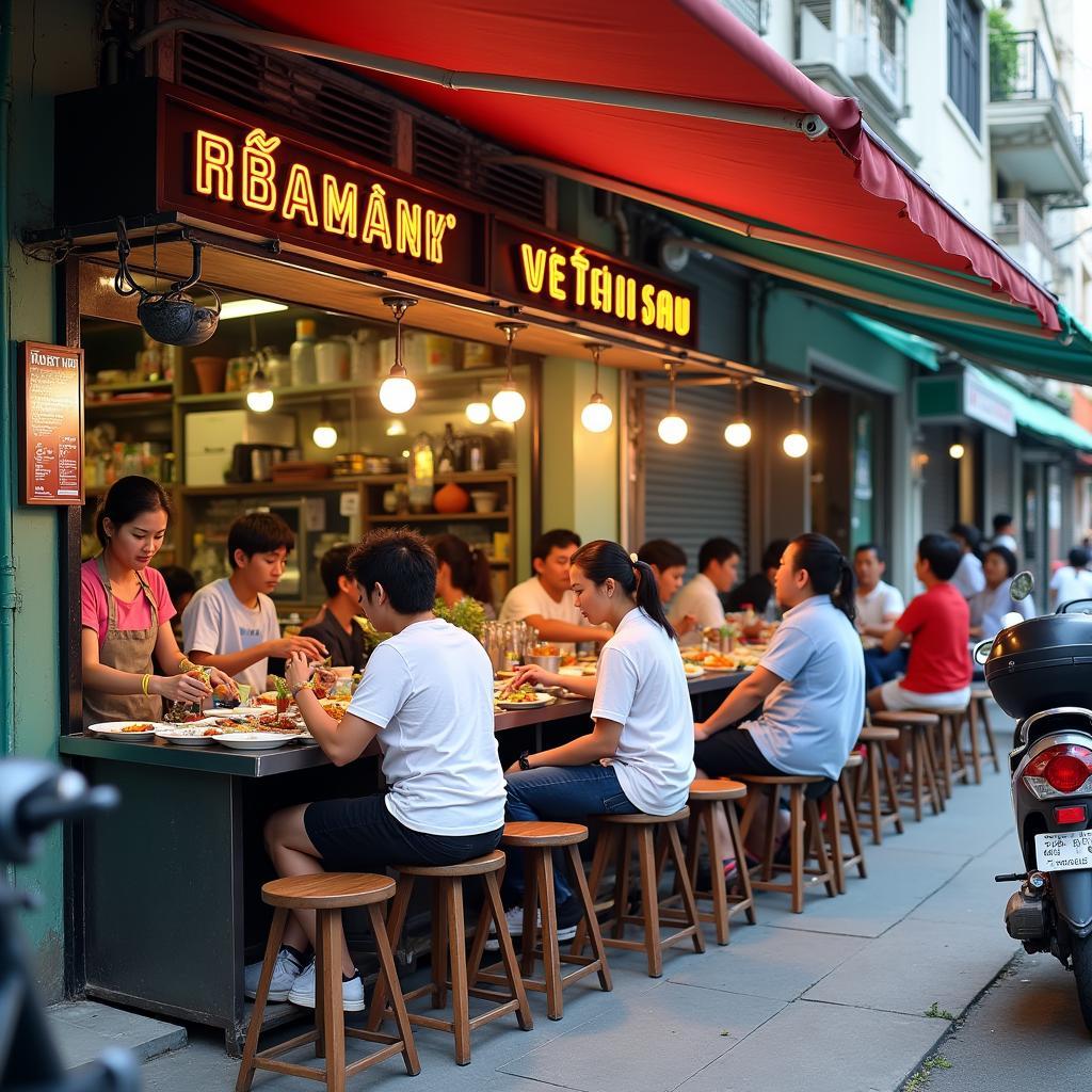 Một quán ăn vỉa hè bình dân trên đường Võ Thị Sáu, quận 3, phục vụ các món ngon địa phương
