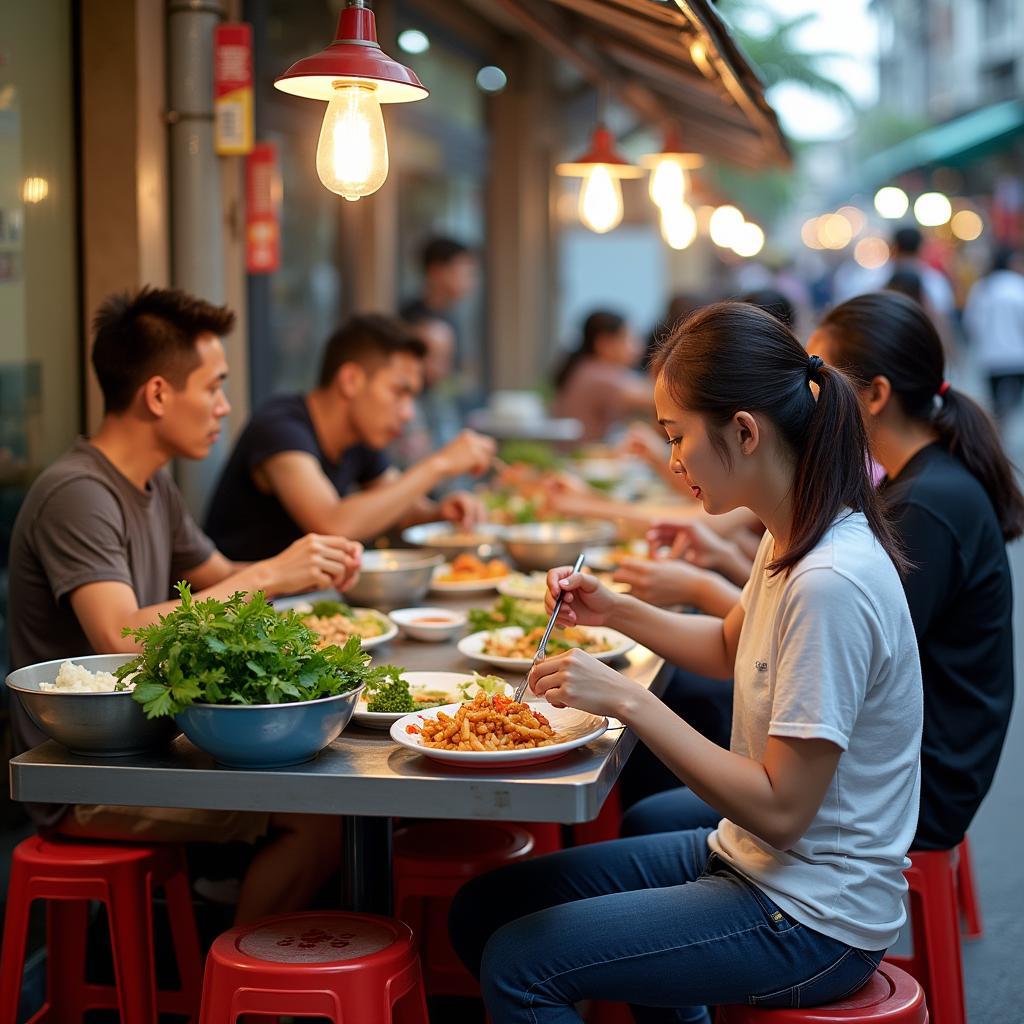 hình ảnh một quán ăn vỉa hè đông khách tại phường an nhơn thể hiện sự đa dạng ẩm thực