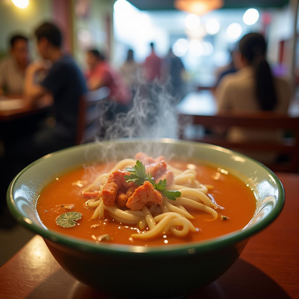 Tô bánh canh cua Út Lệ hấp dẫn với nước lèo sánh, bốc khói trong không gian quán đông đúc.