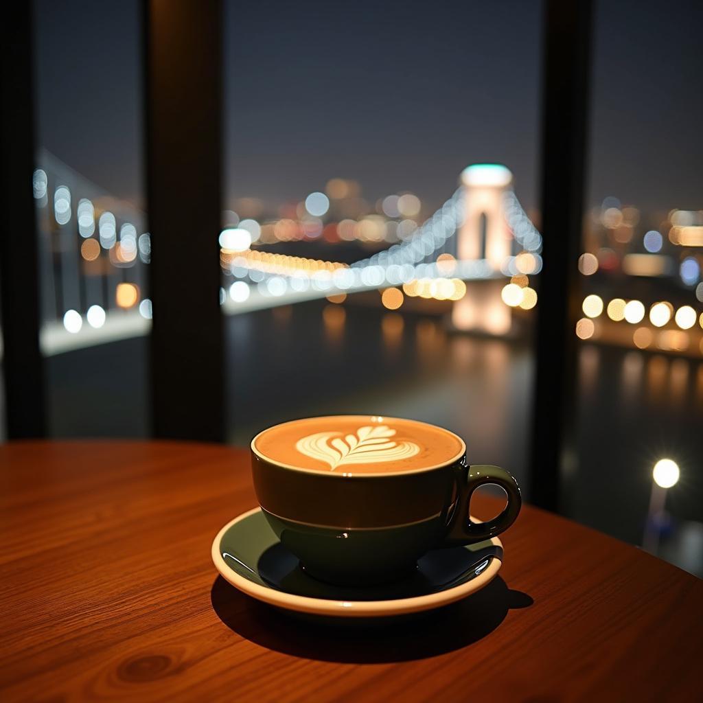 Thưởng thức cà phê tại một quán có view nhìn ra Cầu Rồng và sông Hàn lung linh về đêm