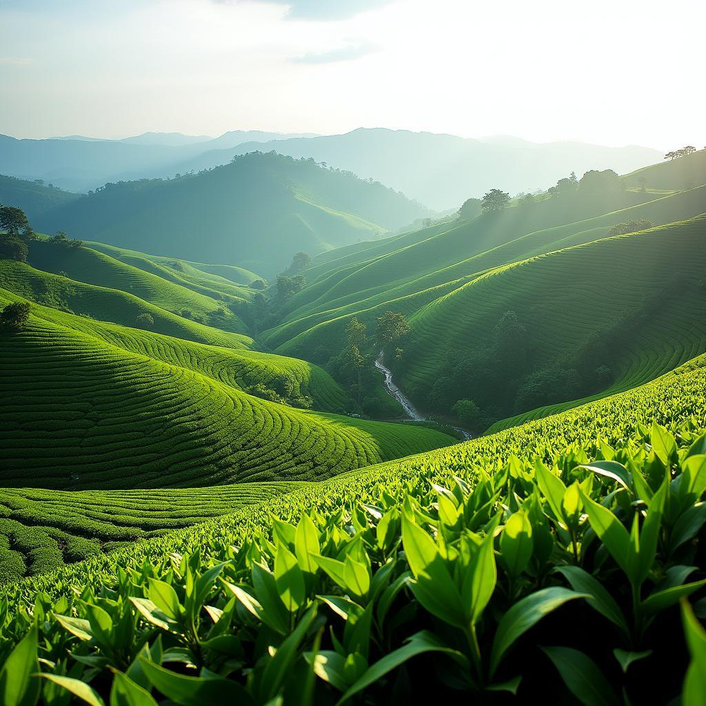 Đồi chè xanh mướt trải dài tại Xã Quân Chu, Tỉnh Thái Nguyên dưới ánh nắng