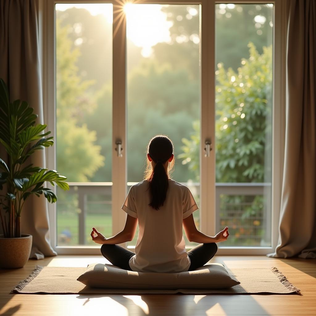 Một người đang ngồi thiền bên cửa sổ nhìn ra khu vườn yên tĩnh, biểu thị việc nạp lại năng lượng sau các tương tác xã hội.