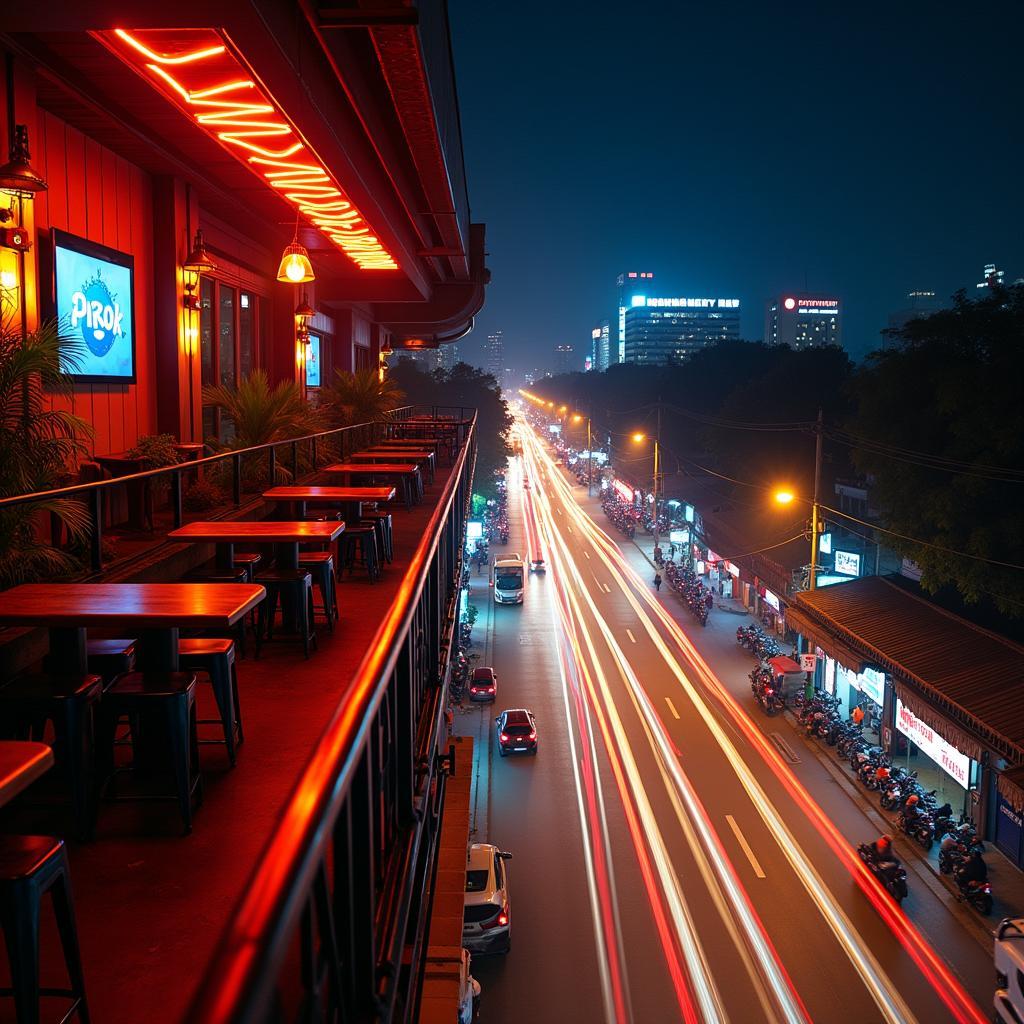 View nhìn ra con đường Phạm Văn Đồng nhộn nhịp về đêm từ quán Pirok quận Gò Vấp