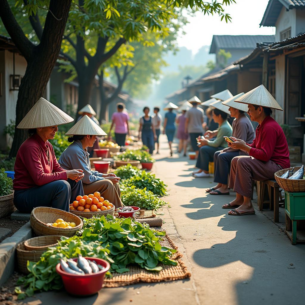 Toàn cảnh không gian mộc mạc và bình dị của Chợ Ng Trầm Hoài Đức vào một buổi sáng sớm.