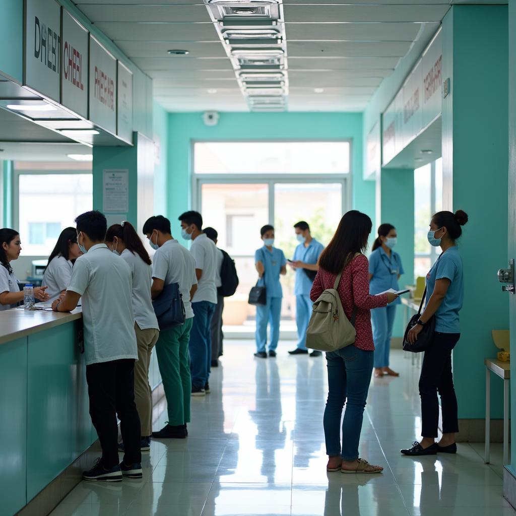 Hình ảnh quầy đăng ký tại Bệnh viện Giao thông vận tải nơi bệnh nhân làm thủ tục ban đầu