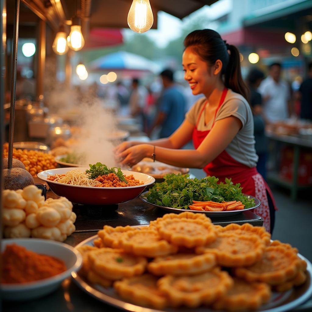 Quầy bán đồ ăn vặt hấp dẫn như bún riêu, bánh xèo tại khu ẩm thực Chợ Tân Uyên