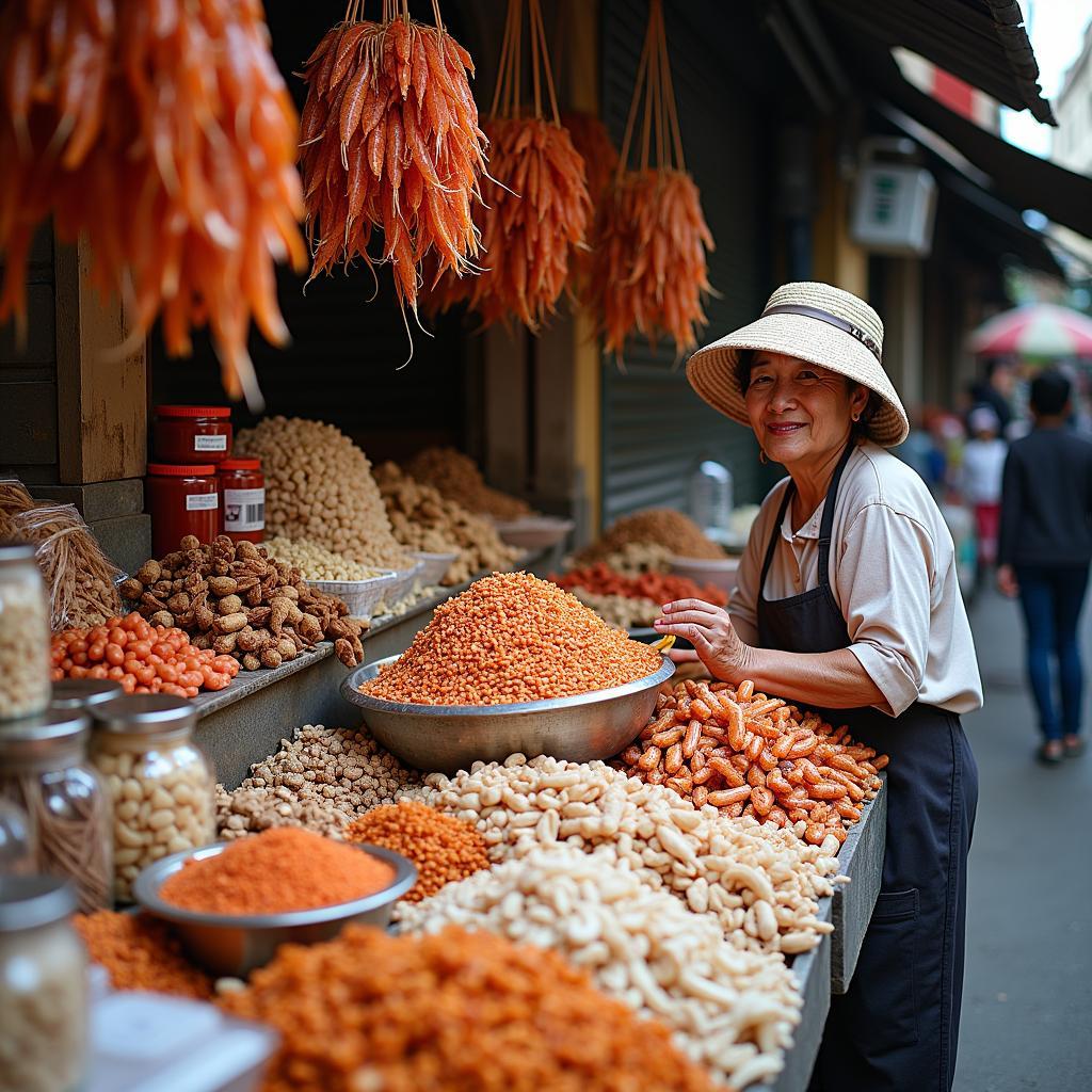 Quầy hàng bán đồ khô truyền thống và gia vị đa dạng tại Chợ Hàng Bè phố cổ Hà Nội.
