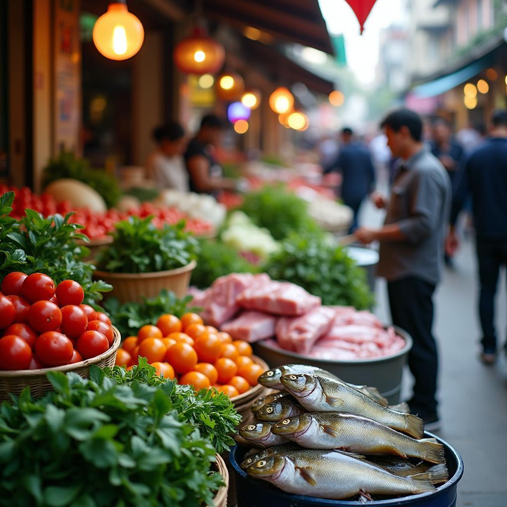 Quầy hàng bán thực phẩm tươi sống đa dạng tại Chợ Đông Dinh, Thạch Bàn, Long Biên.