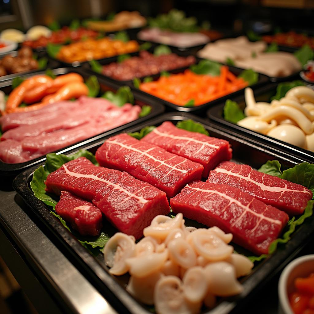 Cận cảnh quầy line buffet Hana Phạm Viết Chánh với các loại thịt nướng và hải sản tươi ngon.