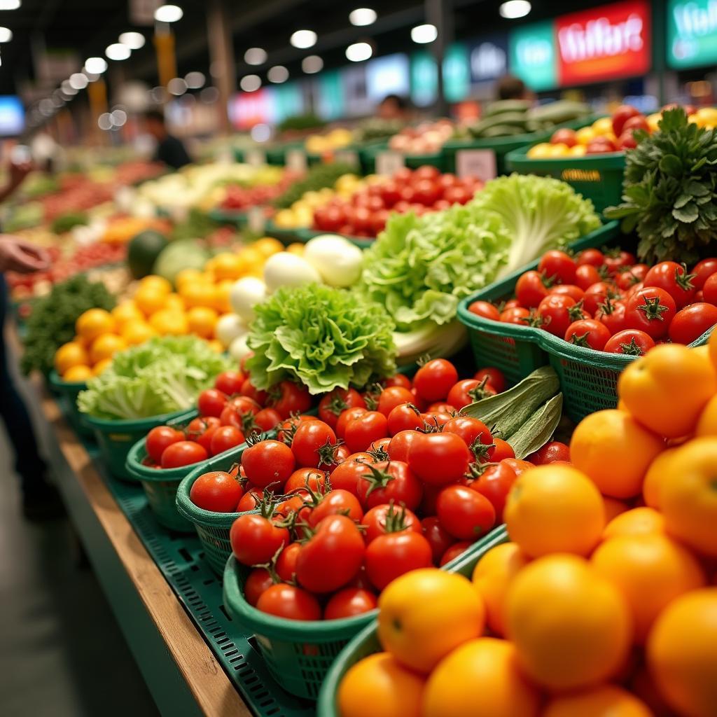 Quầy hàng thực phẩm tươi sống đa dạng với rau củ quả tươi ngon tại VinMart Ni Sư Huỳnh Liên, Tân Bình.