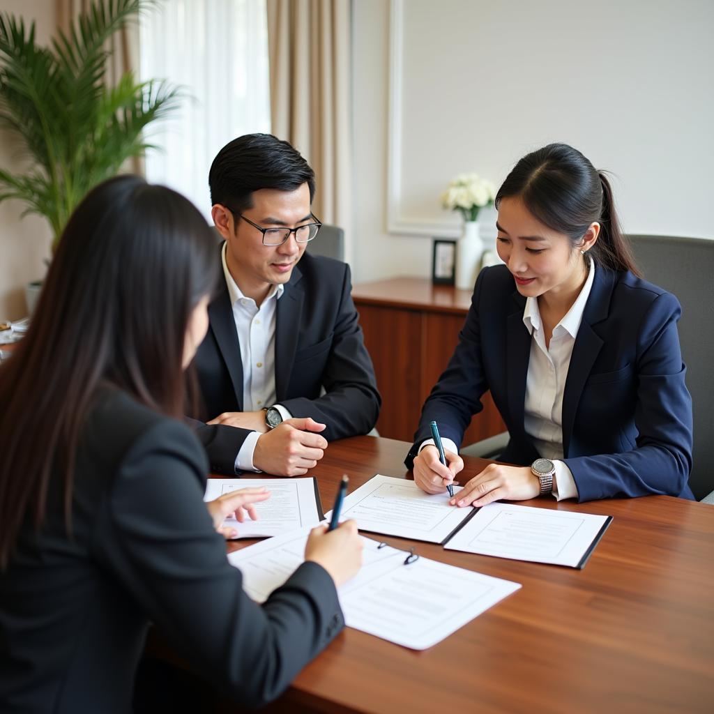 Cảnh người dân ký tên trước sự chứng kiến của công chứng viên tại văn phòng công chứng.