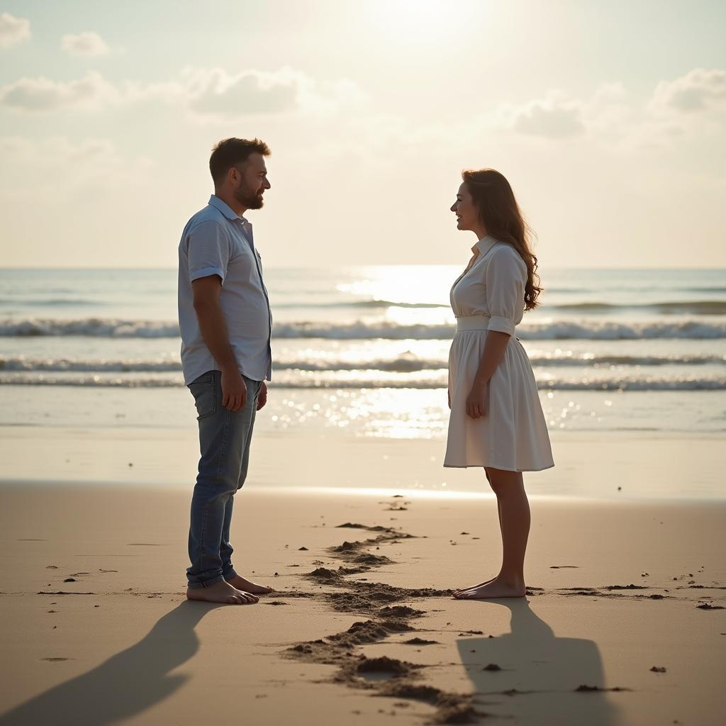 Hình ảnh một đường ranh giới mỏng manh trên cát giữa hai người, tượng trưng cho tình bạn sau chia tay.