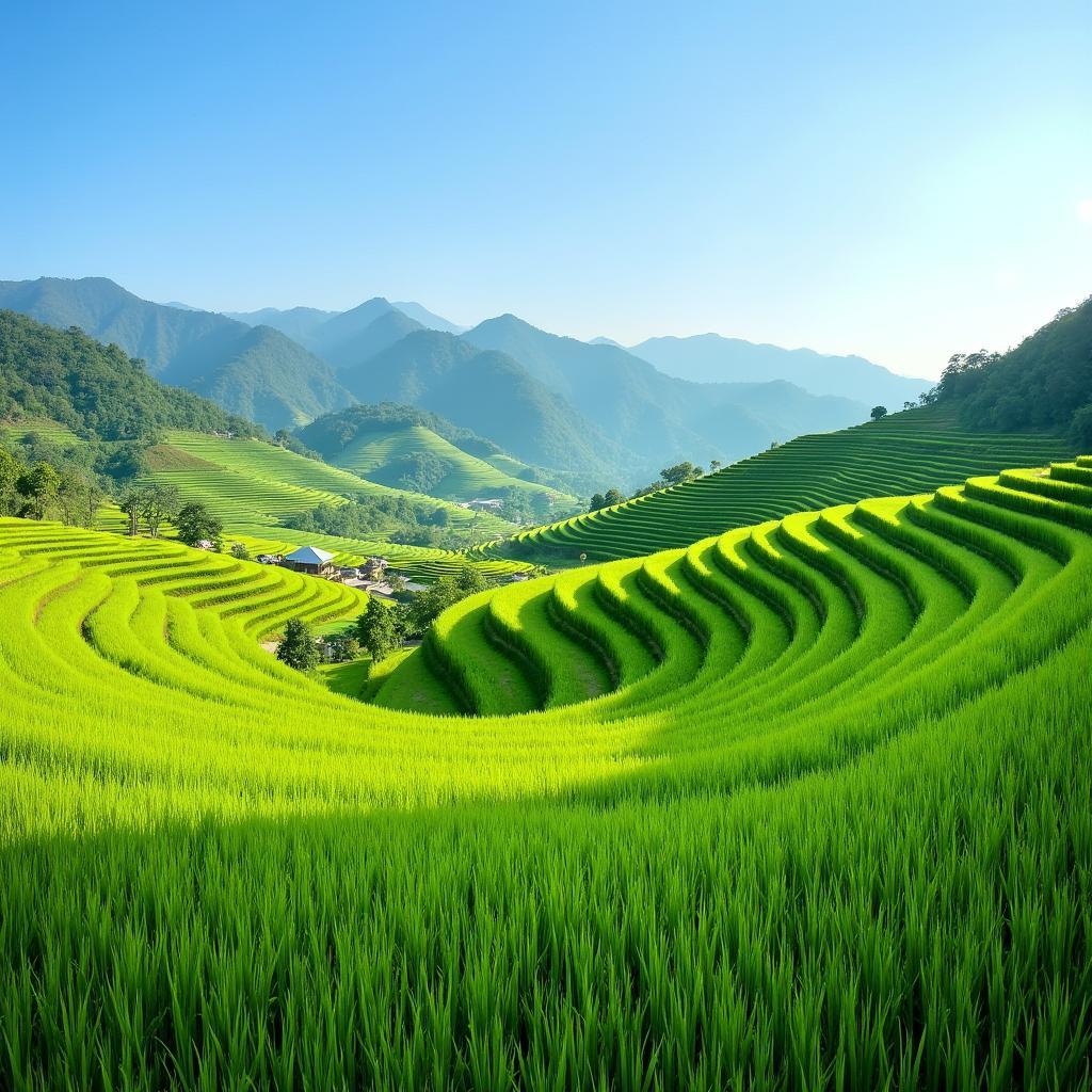 Ruộng bậc thang xanh mướt ở Xã Bản Liền Tỉnh Lào Cai vào mùa lúa non