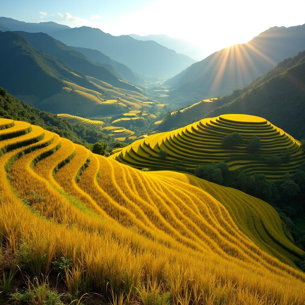Cảnh quan ruộng bậc thang Dền Sáng mùa lúa chín vàng rực dưới ánh nắng Tây Bắc
