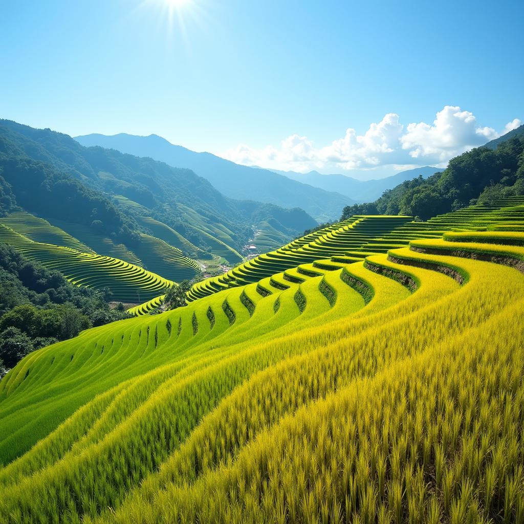 Ruộng bậc thang xanh mướt và vàng óng tại Xã Khao Mang, Tỉnh Lào Cai mùa lúa chín