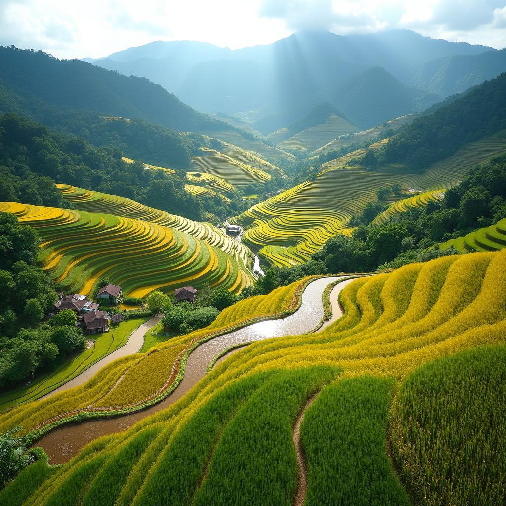 Khung cảnh yên bình của ruộng bậc thang tại Xã Lùng Phình, Tỉnh Lào Cai vào mùa lúa