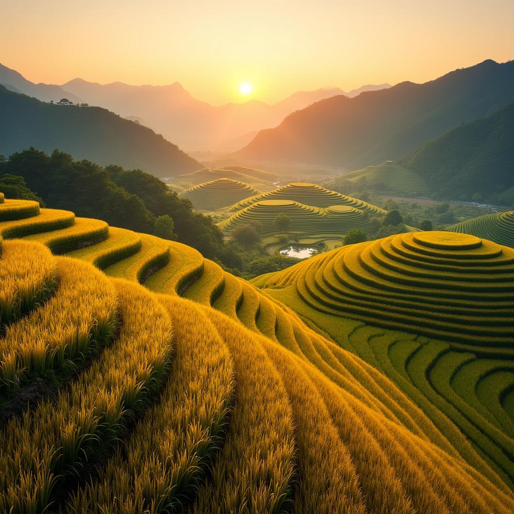 Khung cảnh ruộng bậc thang vàng rực rỡ mùa lúa chín tại xã Tân Sơn, Phú Thọ, uốn lượn mềm mại bên sườn đồi.