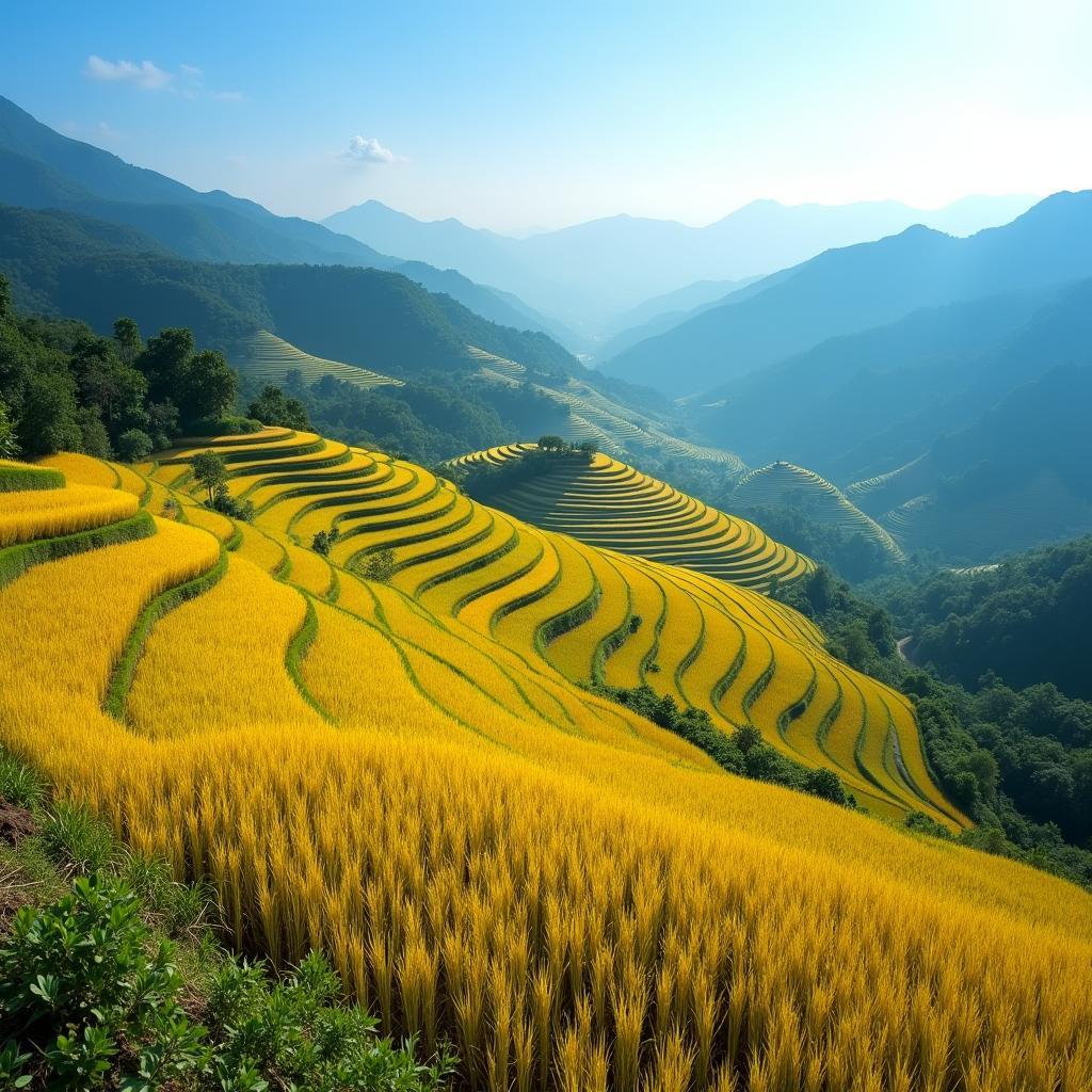 Toàn cảnh ruộng bậc thang xã Ngọc Đường, Tuyên Quang vàng óng ả mùa lúa chín