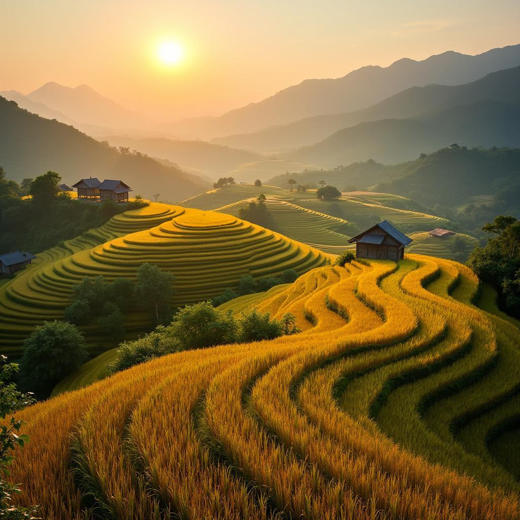 Toàn cảnh những thửa ruộng bậc thang vàng óng mùa lúa chín tại xã Quy Mông, Yên Bái