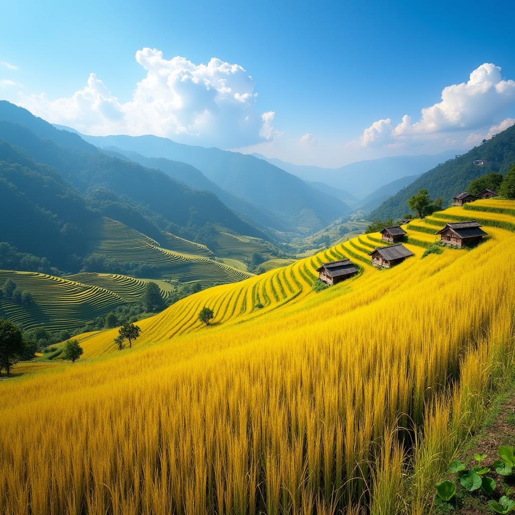 Toàn cảnh ruộng bậc thang Sủng Máng, Tuyên Quang uốn lượn vàng óng mùa lúa chín