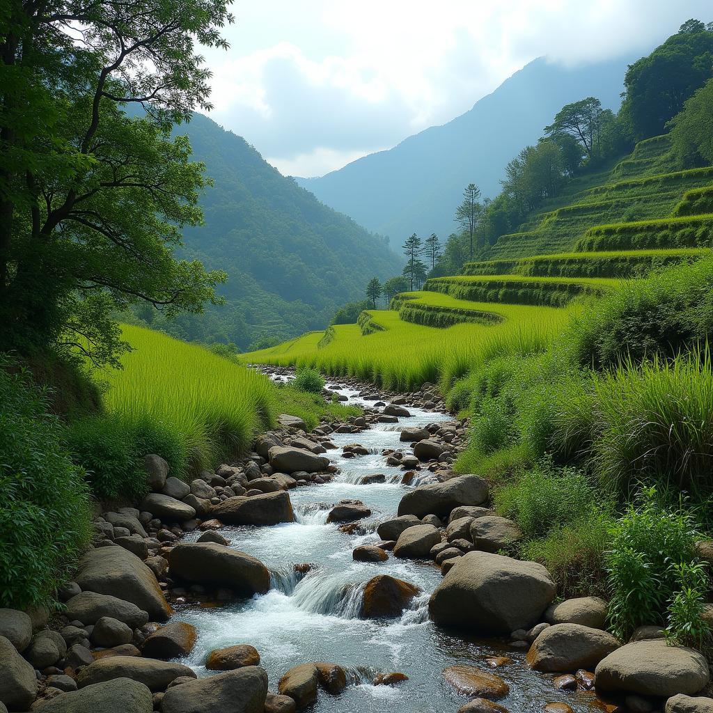 Hình ảnh ruộng bậc thang, khe suối hoặc rừng cây xanh tại Xã Khánh Hòa, Lào Cai.