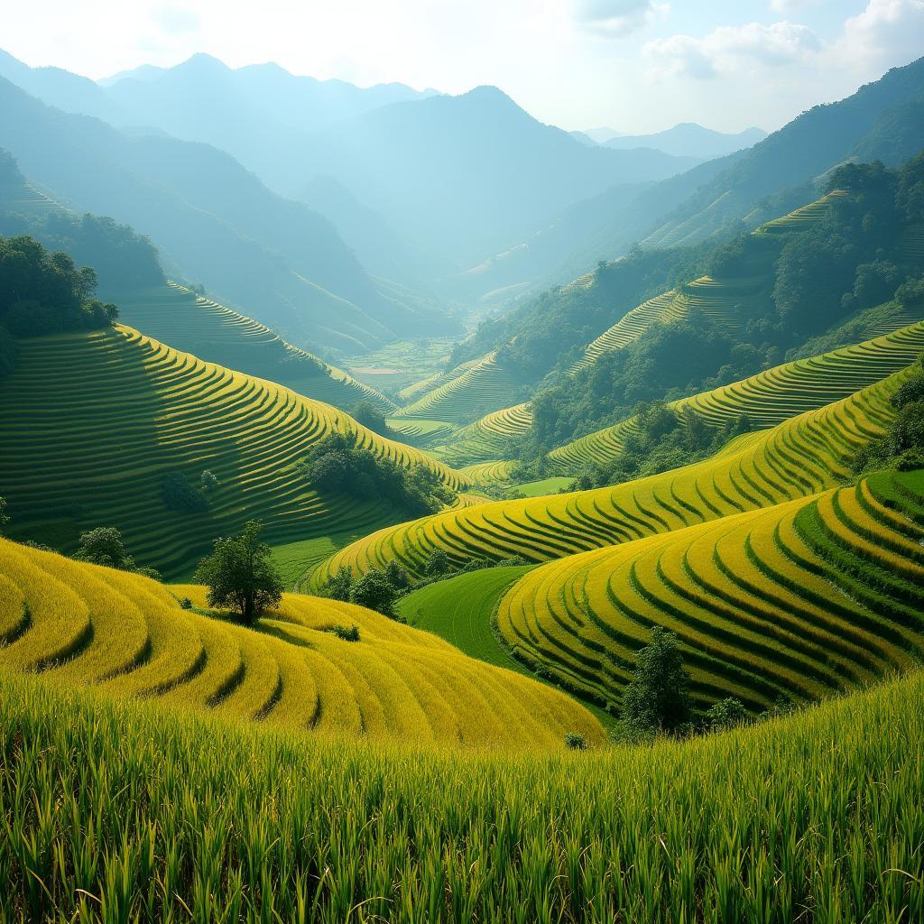 Ruong bac thang xanh muot hoac vang ruc mua lua chin tai Ta Cu Ty, Lao Cai