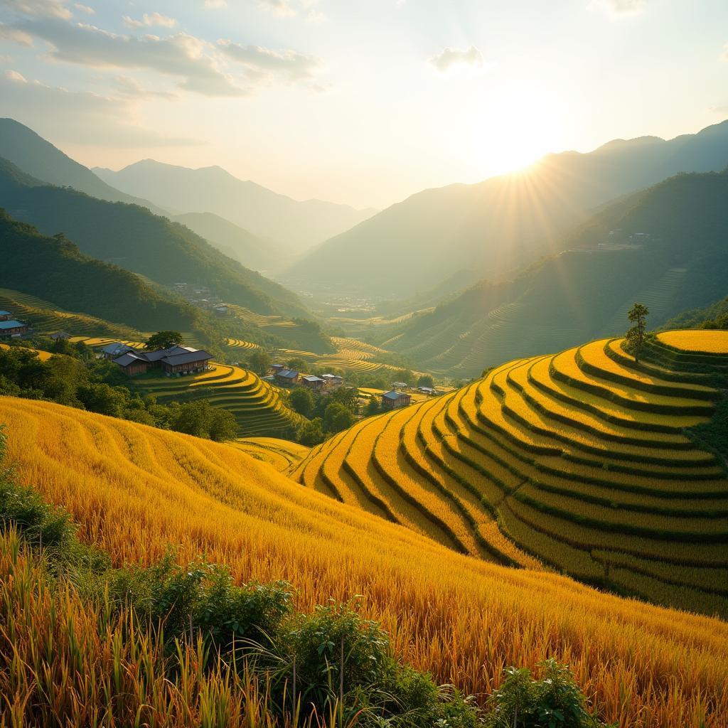 Toàn cảnh ruộng bậc thang xã Văn Chấn, Lào Cai mùa lúa chín vàng rực rỡ
