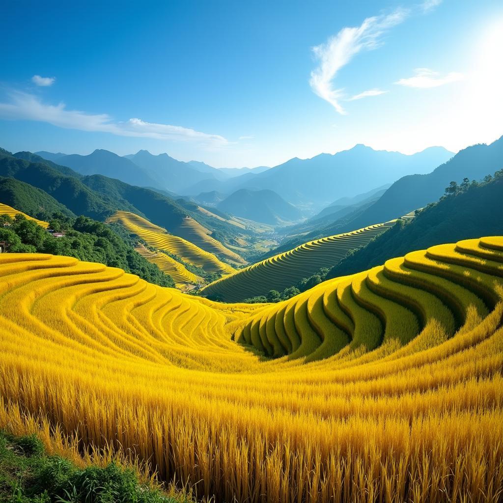 Toàn cảnh những thửa ruộng bậc thang vàng óng ả tại Xã Thàng Tín, Tuyên Quang vào mùa lúa chín đẹp như tranh vẽ