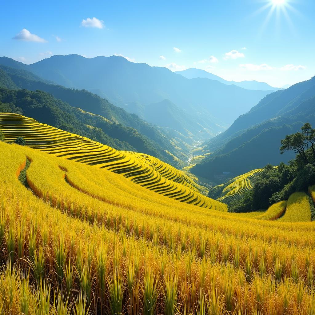 Hình ảnh ruộng bậc thang tuyệt đẹp tại Xã Hồ Thầu, Tỉnh Tuyên Quang vào mùa lúa chín
