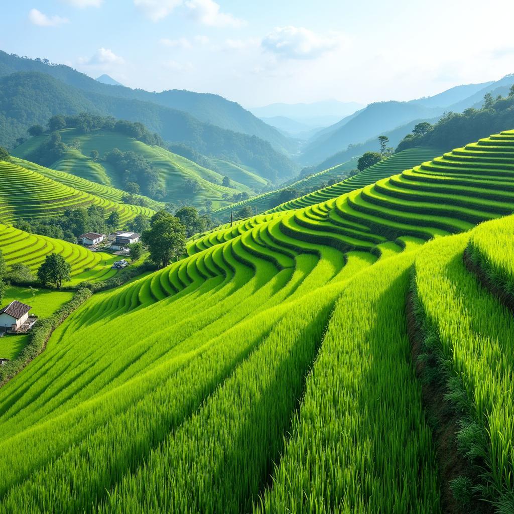Ruộng bậc thang xanh mướt tại Xã Yên Thành, Tỉnh Lào Cai vào mùa lúa non