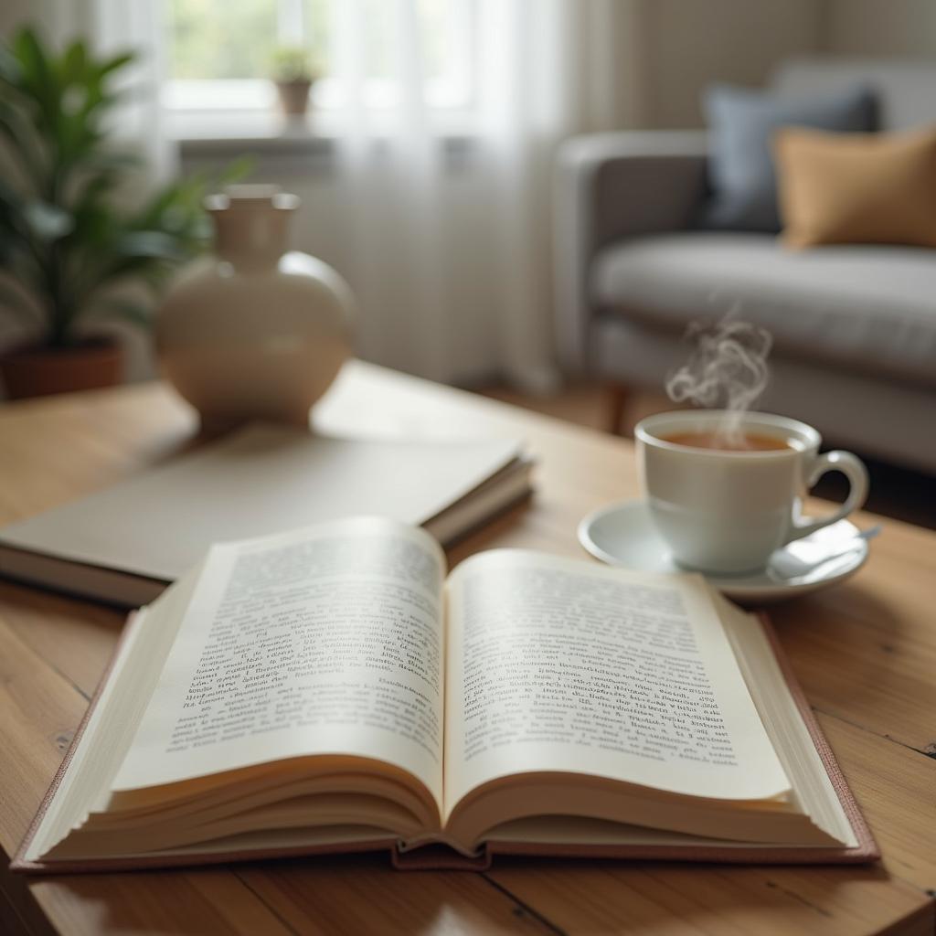 Hình ảnh một cuốn sách mindfulness đặt cạnh tách trà nóng trong một không gian yên tĩnh, thể hiện sự bình yên và thực hành tỉnh thức.