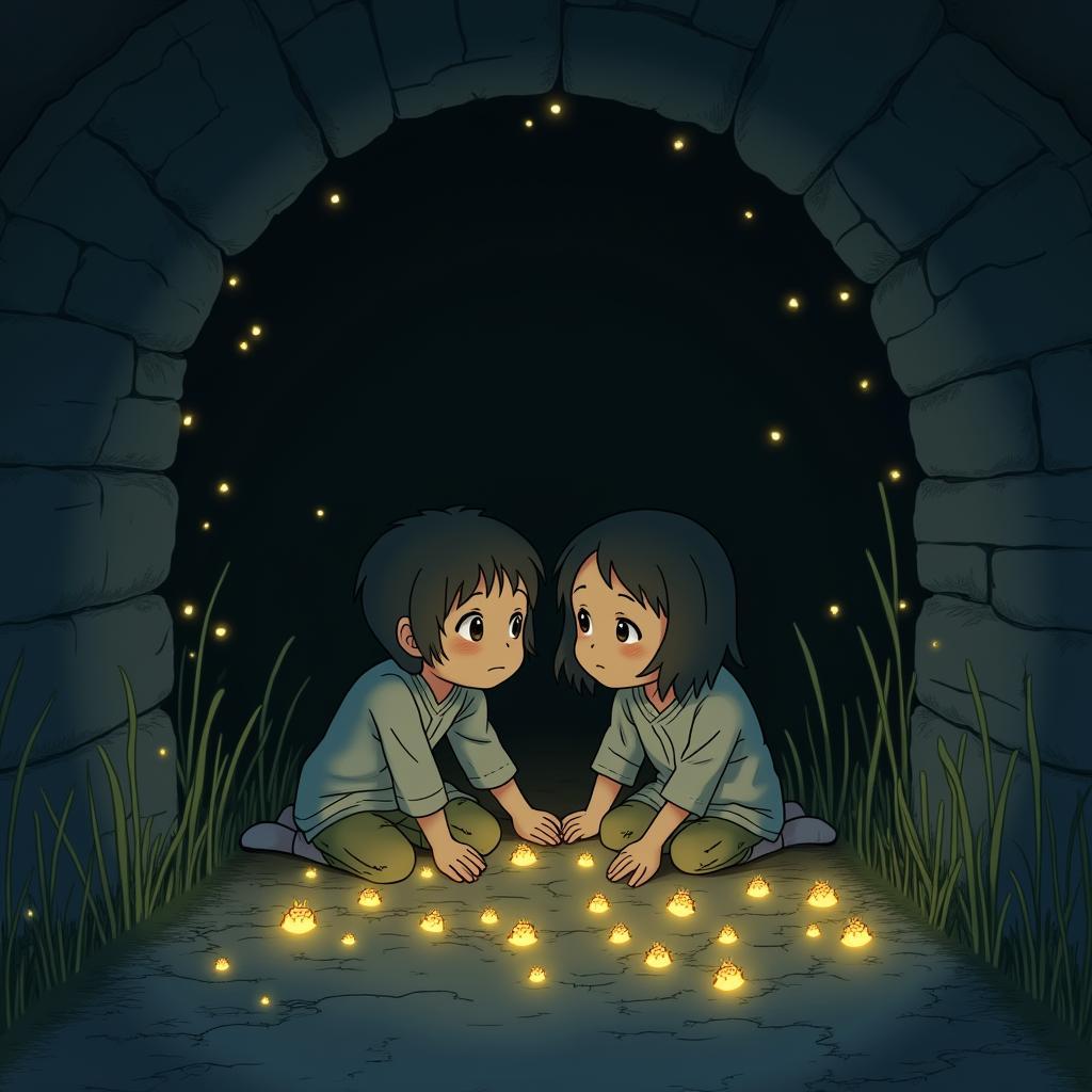 Hình ảnh hai anh em Seita và Setsuko trong sách Mộ Đom Đóm dưới ánh sáng của những con đom đóm